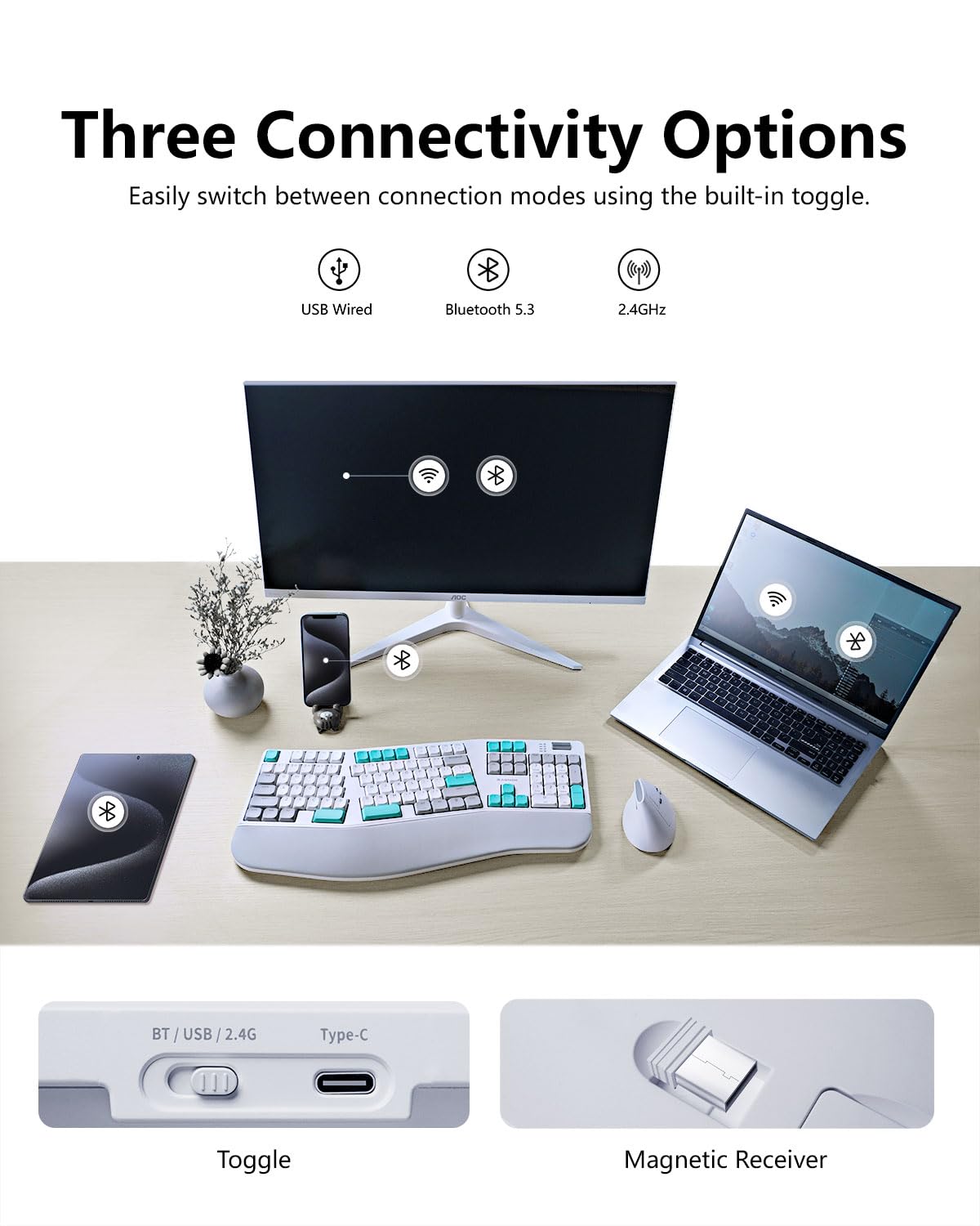 Teclado mecánico ergonómico dividido inalámbrico con retroiluminación RGB, reposamuñecas, recargable, intercambiable en caliente de 3 pines, perilla de control, 2.4 GHz/Bluetooth/USB-C con
