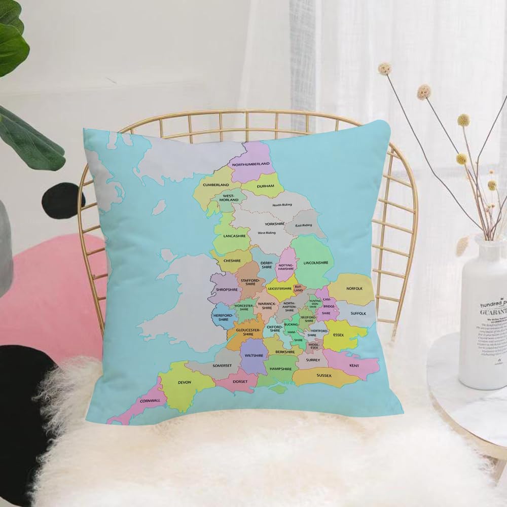 HYMSXW Cushion Cover,Throw Pillow Case Home Decorative for Living Room Bedroom Sofa Chair 20X20 Inch,England map, multi-colored administrative divisions map,Pillowcase 50X50cm