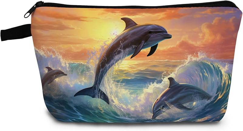 Necessaire de maquiagem YULUENZE com estampa de golfinho Dolphin 03 e zíper metálico