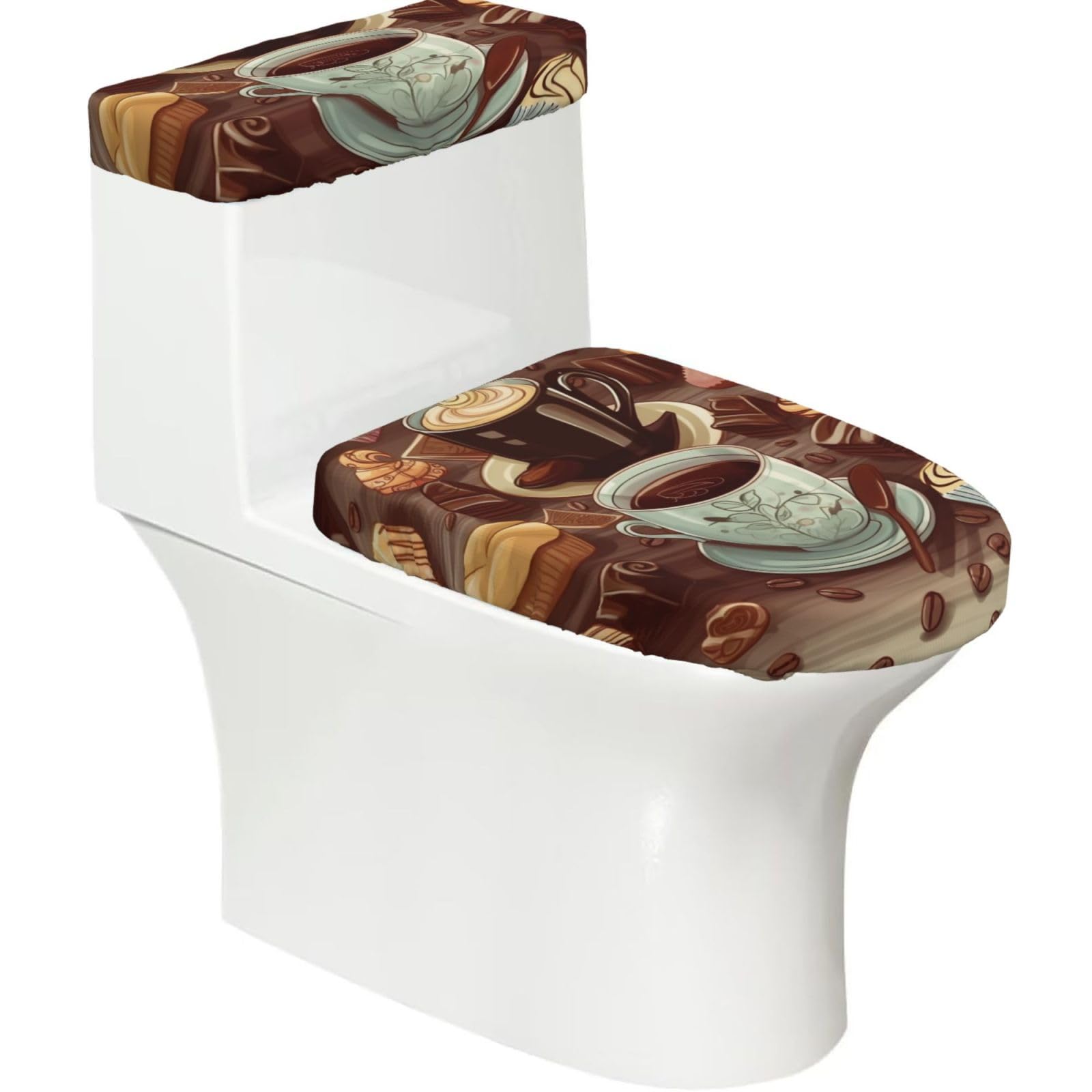 FekiLoot Coffee and Sweets Sugar Chocolate Toilet Lid Cover and Toilet Tank Cover Set of 2,Dust Splash Resistant Toilet Top Covers Soft Washable Toilet Lid Seat Cover for Bathroom Office Home Decor