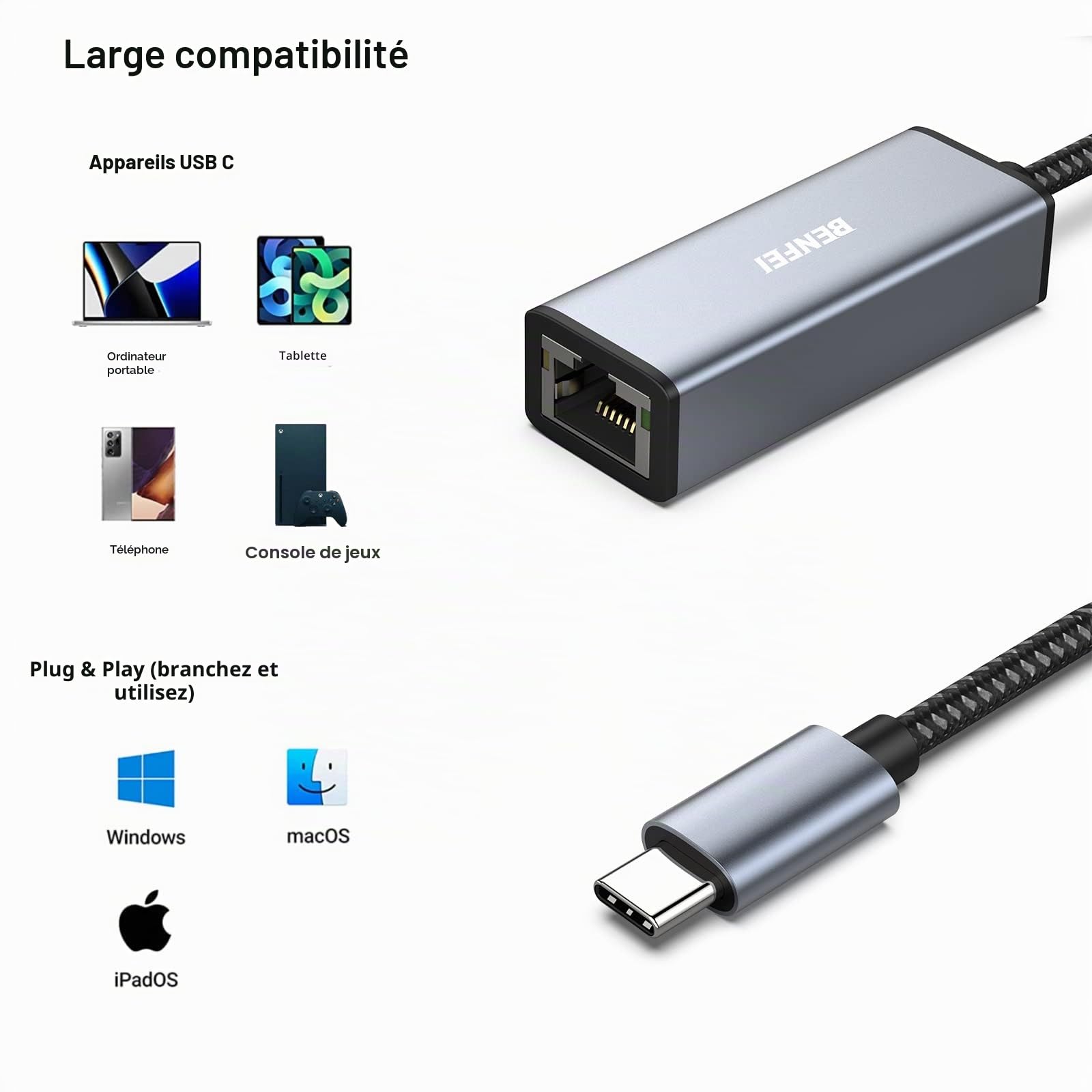 BENFEI Adaptateur USB-C vers Ethernet RJ45 LAN pour MacBook Pro 2019/2018/2017, MacBook Air