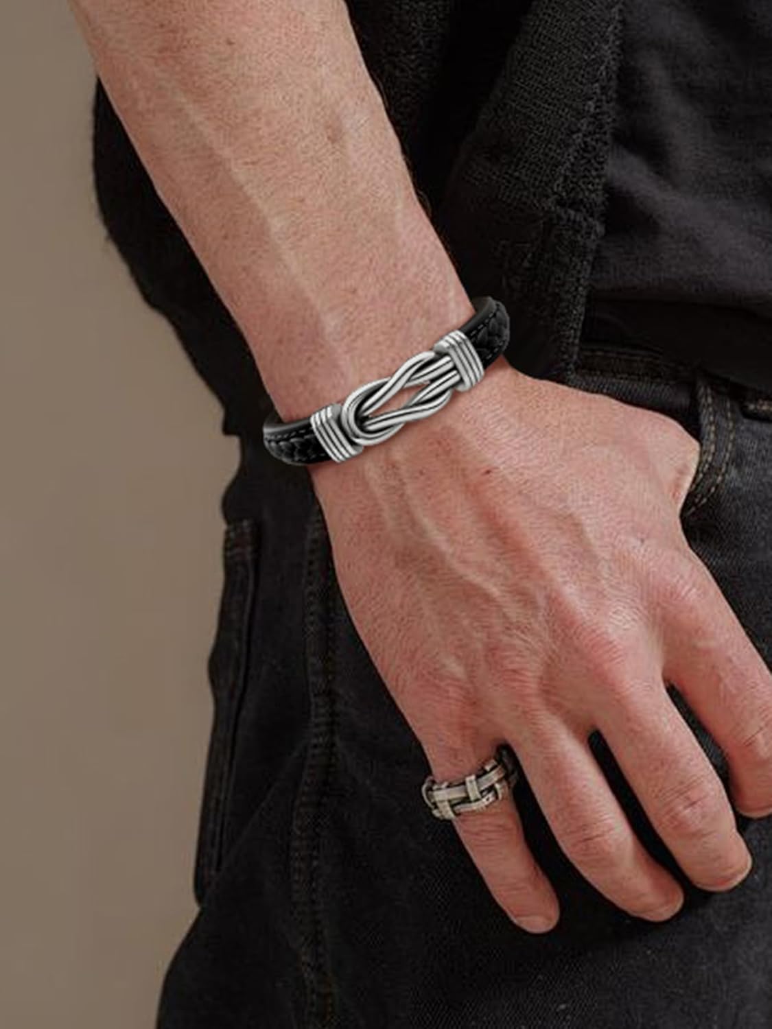 Mens Black Braided Leather Bracelet, Green/Red/Brown/Black Braided Leather Infinity Knot Bracelets for Men with Stainless Steel Clasp, 7.5/8.5/9in Length - Image 4