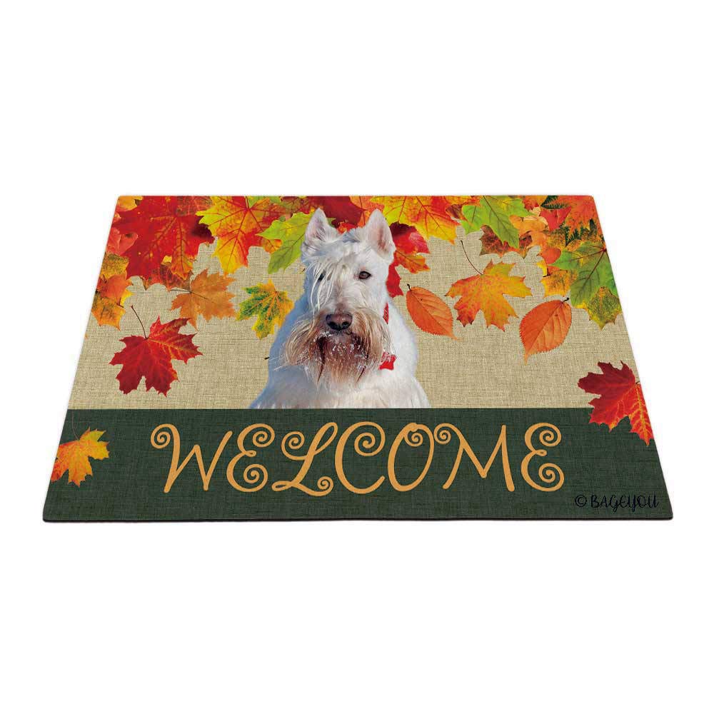 BAGEYOU Welcome Fall with My Favorite Dog White Wheaten Scottish Terrier Outdoor Doormat Maple Leaf Harvest Season Rustic Decor Porch Rugs Floor Mat 35.4" x 23.6"