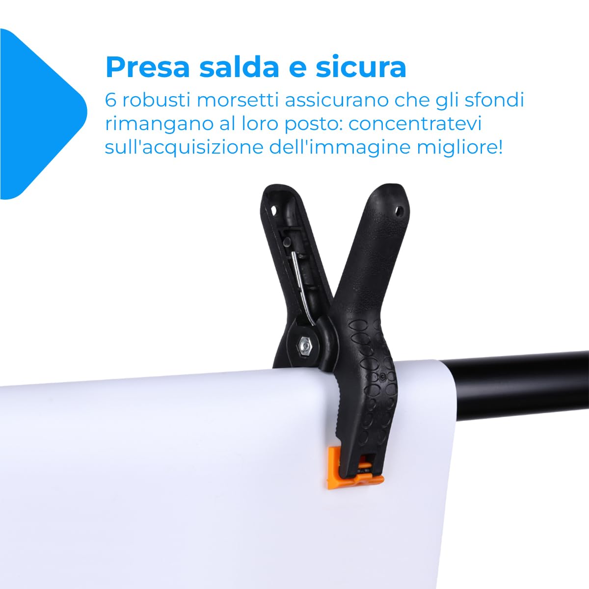 Supporto per fondale fotografico professionale NK 2 x 3 metri, regolabile e retrattile, 2x treppiede, 1x barra trasversale interconnessa, 6x mollette, 4x fascette laterali in velcro, 1x borsa