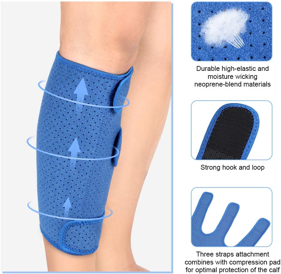 Calf Brace, Shin Splint Support Lower Leg Compression Wrap with Adjustable Three Anti-Slip Strap Support for Pulled Calf Muscle Pain Strain Injury, Sprain and Swelling, Fits Men and Women (Blue)