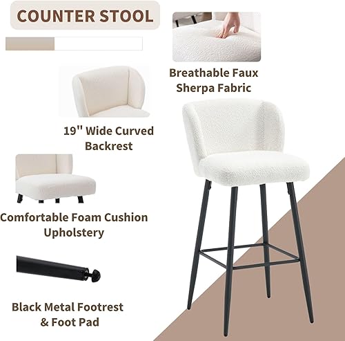 Miniatura 6 de Juego de 2 taburetes de bar modernos de altura de mostrador, taburetes de bar tapizados de terciopelo de 26 pulgadas con respaldo, taburetes de isla