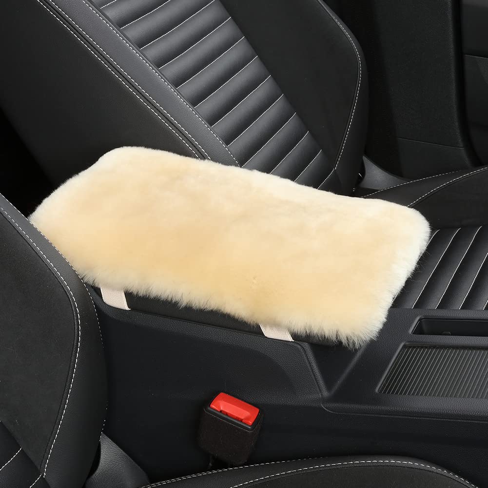 IRIWOOL Sheepskin Armrest Cover Auto Center Armrest Cover Car Soft Console Pad, Fluffy Wool Auto Center Console Cover for Most Car Arm Rest Decoration Protector 7 x 13 Inch (Shearling, Pearl)