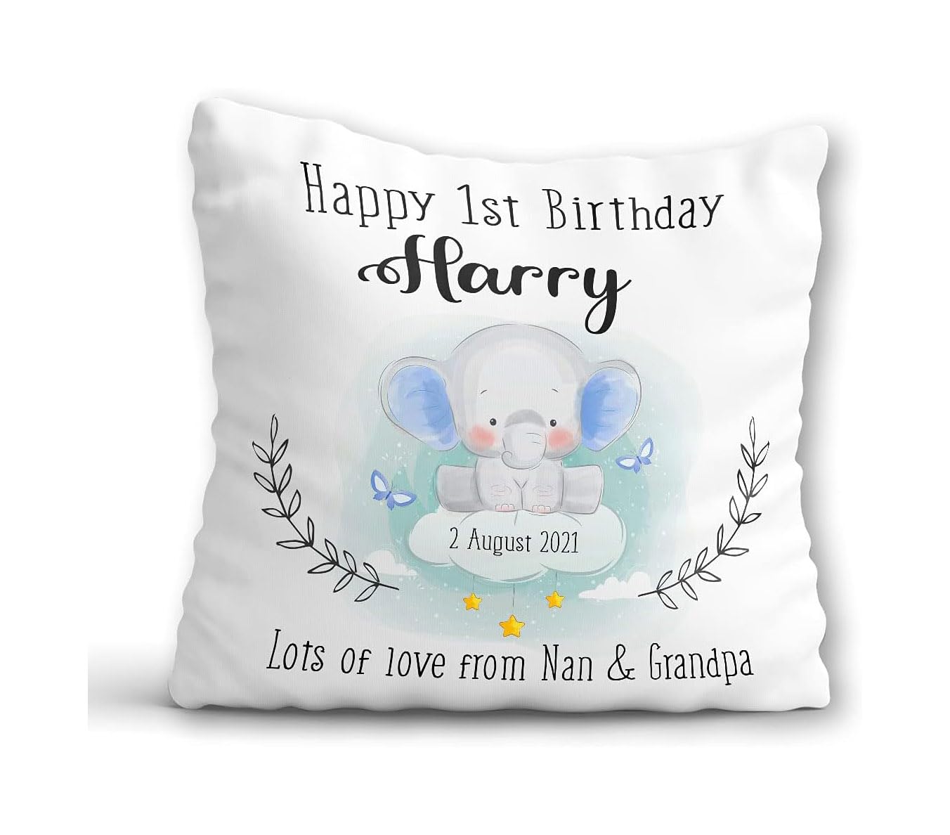 1st Birthday Gift for Boy - Personalised First Birthday Cushion - One Year Old Boy Pillow - Baby 1st Keepsake Gift Son Grandson Nephew - Blue Elephant Custom Nursery Decor - Custom Boys Present 1 Year