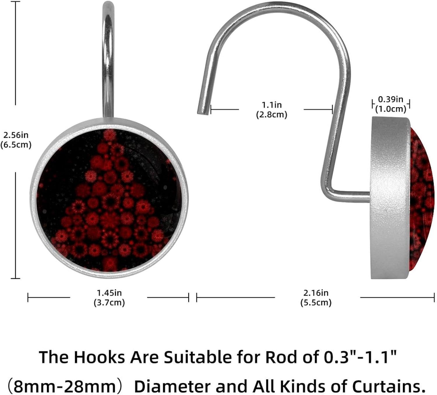 Christmas Tree Red Snowflakes (6) Round Crystal Glass Decorative Shower Curtain Hooks with 3D Pattern Visual, Rust Proof Shower Curtain Rings-12 Pack