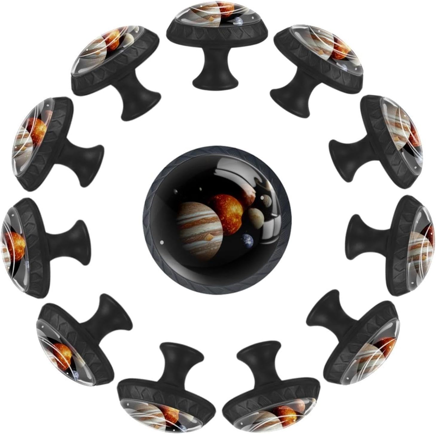 Black Base Solar System Planets (3) Glass Pulls, Patterned Drawer Knobs for Kitchen Cupboard and Dresser