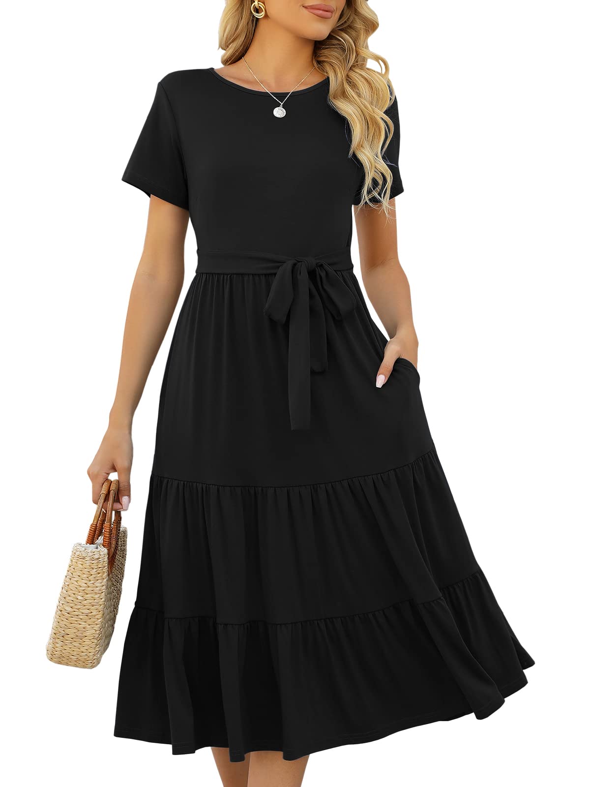 Lyrur Women's Summer Casual Short Sleeve Modest Teacher Church Midi Dress | Crew Neck, Tie Waist, Side Pockets, Flowy A-Line Fit for School Work Outfits for Educators, Office, Classroom and Daily Wear