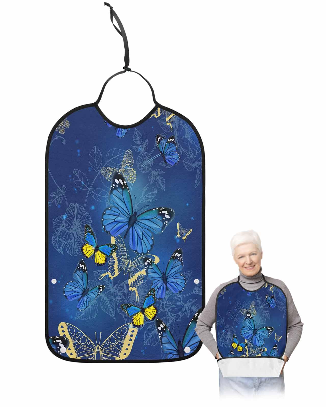 LEOKOTI Blue Butterfly Adult Bibs for Eating, Waterproof Bibs with Food Catcher & Adjustable Snap Closure, Yellow Navy Blue Butterfly Art Washable Clothing Protectors Adult Bibs for Elderly Women/Men