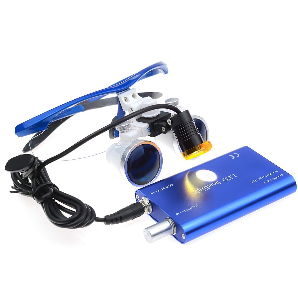 BONEW 3,5 x Dental-Fernglaslupe + 3 W LED-Scheinwerfer mit Filter + Aluminiumbox, Blau