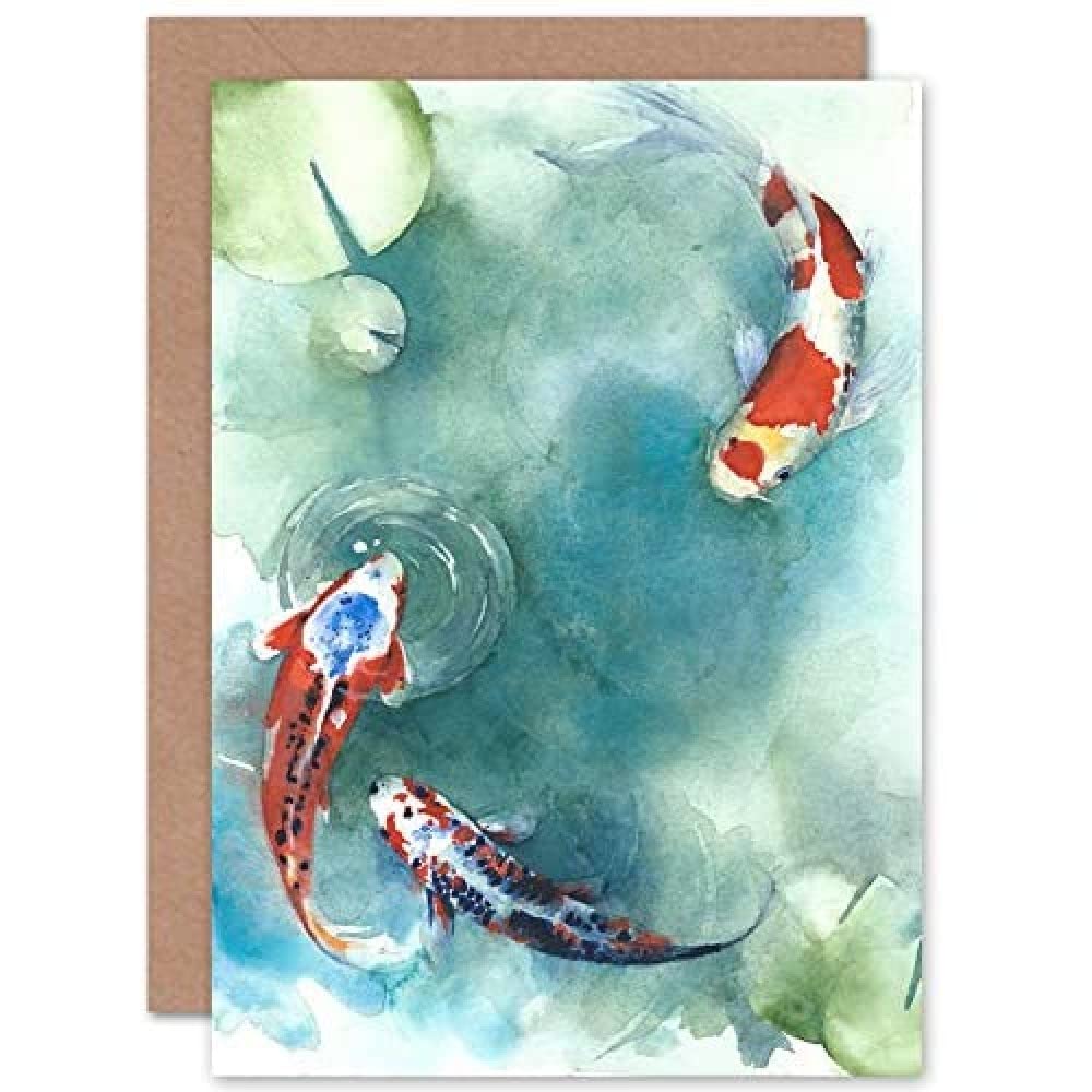 Wee Blue Coo Single Card Japanese Koi Fish With Lilies Greeting Card With Envelope Inside Premium Quality