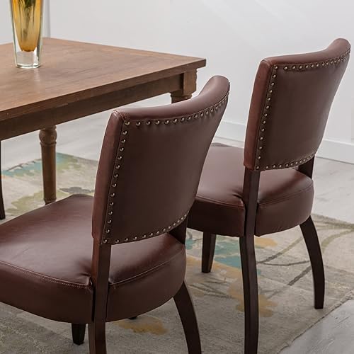 Miniatura 4 de Guyou Juego de 2 sillas de comedor de piel sintética, tapizadas, con cabeza de clavo de bronce, sillas laterales retro de cocina con patas de madera