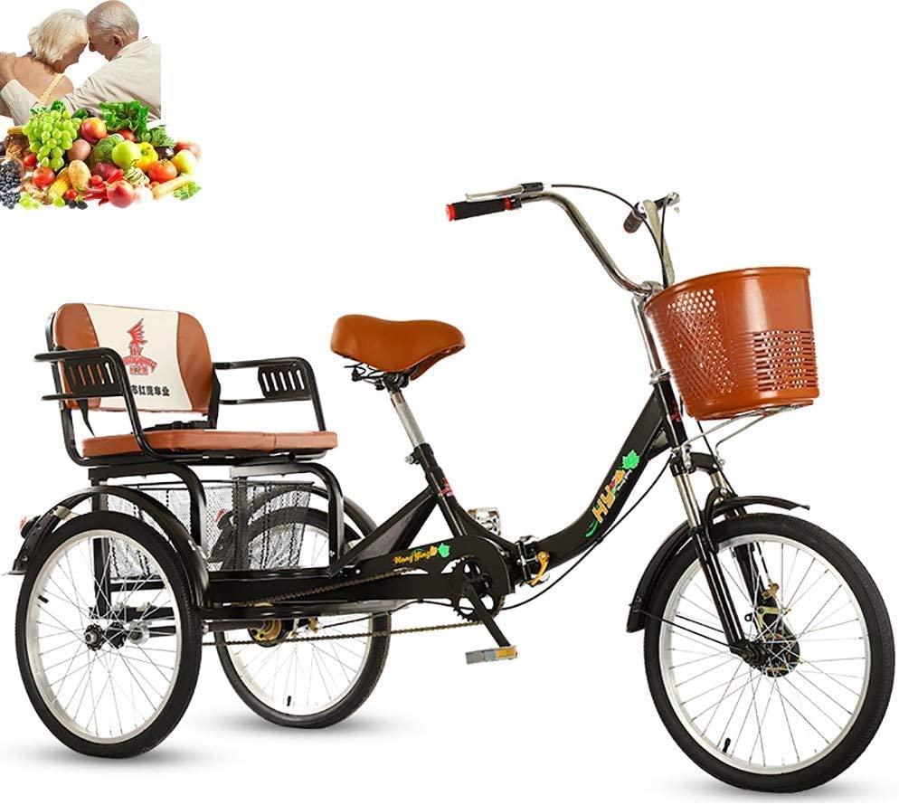 Tricycle Adult 20inch 3-Wheel Bicycle Folding Bikes Comfortable seat, Rear Enlarged Food Basket, Single Chain, Shock-Absorbing Front Fork for Parents to Pick up and Drop Off Children Load 200kg