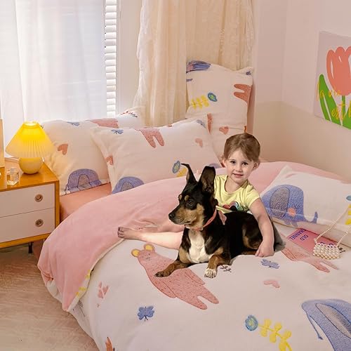 Miniatura 2 de Juego de funda de edredón a cuadros, funda de edredón floral, funda de edredón esponjosa, funda de edredón Kawaii de dibujos animados de conejo,