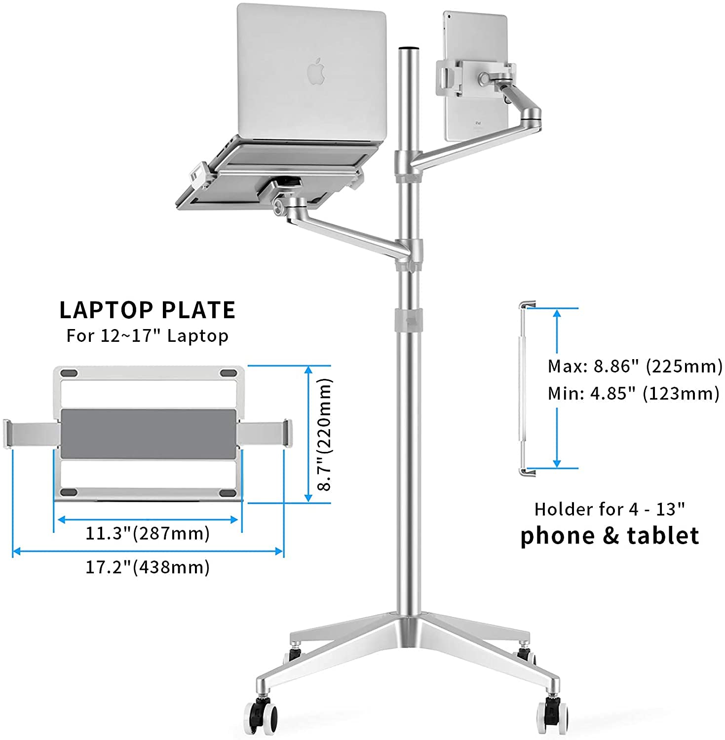 ThingyClub - Soporte para tablet y portátil, 2 en 1, altura ajustable, doble brazo para tableta y teléfono de 4 a 13 pulgadas, bandeja adicional para portátiles de 12 a 17 pulgadas (plata)