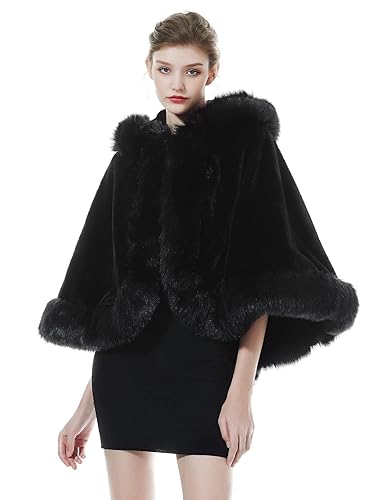 BEAUTELICATE Women’s Hooded Cape Coat Faux Fur Cloak Warm Shawl Wrap Shrug for Winter Wedding Evening Bride Bridesmaids Halloween Christmas Cosplay Costume - Hooded Cape - Black