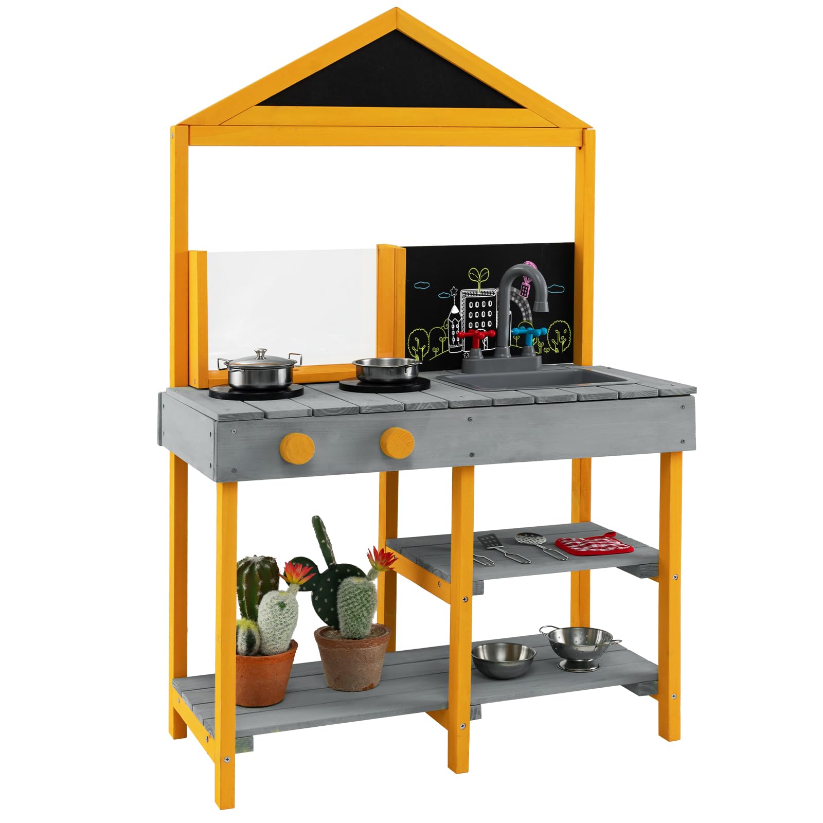 COSTWAY Mud Kitchen, Wooden Kids Toy Kitchen with See-Through Planter Box, Chalkboard, Sink & Faucet, Outdoor Pretend Kitchen Playset for Boys Girls Ages 3-8 (Grey+Yellow)