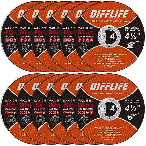 DIFFLIFE Cut-Off Wheels Cutting Wheel Disc 4-1/2'x3/64''x7/8'' Thin Metal Stainless Steel Cutting Cut Off Disc-12 Piece
