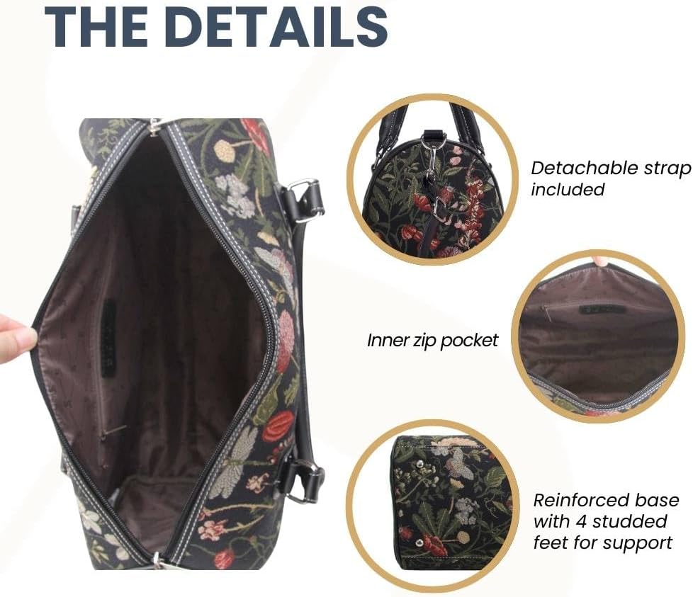 Signare Tapestry Duffle Bag Overnight Bags Weekend Bag for Women in Morning Garden Black Design (TRAV-MGDBK) - Image 4
