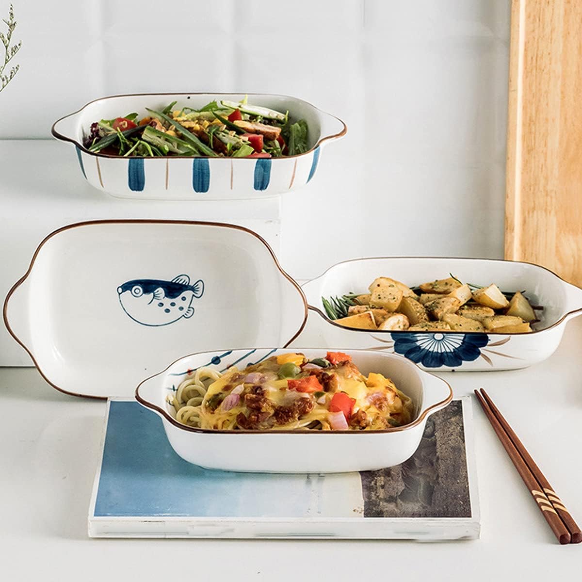 Baking Tray,Ceramic Bakeware,Porcelain Bakeware Set Small Size Baking Dish Lasagna Pans with Casserole Dish Rectangle Pan with Double Handle, Set of 2,D (Color : D) (Color : C) (Color : D)