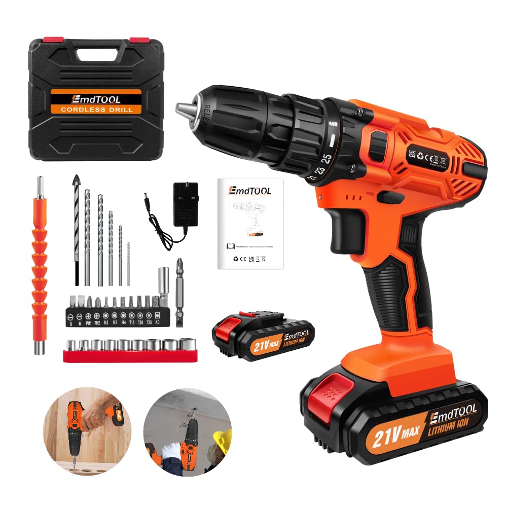 21V Cordless Drill Driver Kit with 1 Battery, 25+1 Torque & 29 Accessories - 2-Speed Electric Screwdriver, LED Light, Combi Power Tool for Home DIY, Garden, Woodworking (Orange)