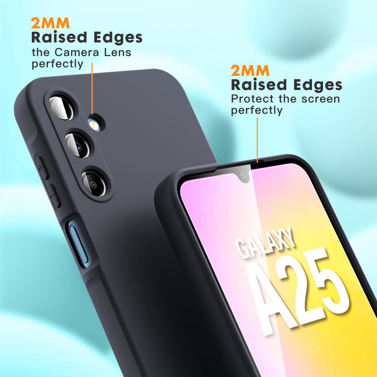 Vansdon Cover Compatibile con Samsung Galaxy A25 5G, 2 Pellicola Protettiva in Vetro Temperato, Gomma Gel di Silicone Liquida Antiurto Custodia - Grigio Scuro