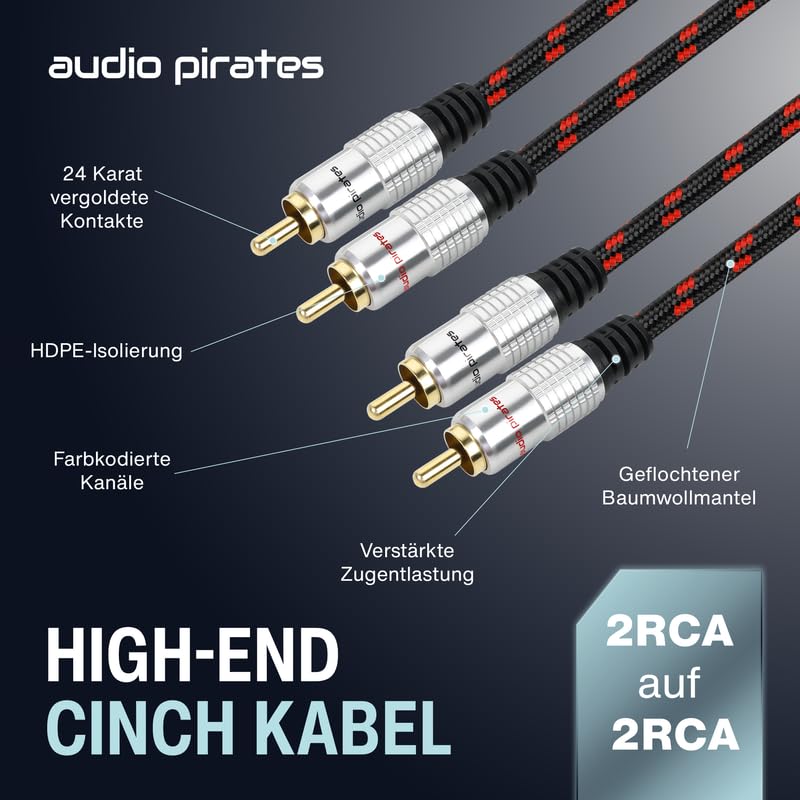 audio pirates Cavo RCA 2 connettori RCA su 2 connettori RCA, cavo audio | cavo audio con guaina e contatti in oro (7,5 metri)