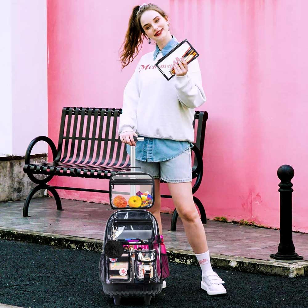 WZLVO Rolling Clear Backpack for Girls Women, Heavy Duty PVC Transparent Bookbag, See Through Wheeled Bookbag with Lunch Box for Teens Elementary Travel - Black - Image 8