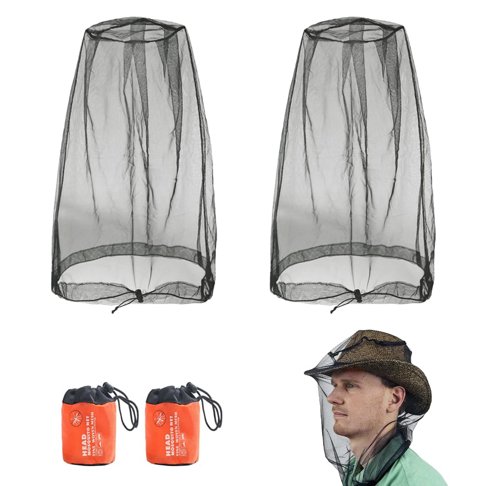 Rete per la testa, 2 pezzi, rete per la testa, copricapo con custodia, zanzariera, retino per il viso, per escursioni, campeggio, arrampicata, colore nero, grigio., Taglia unica