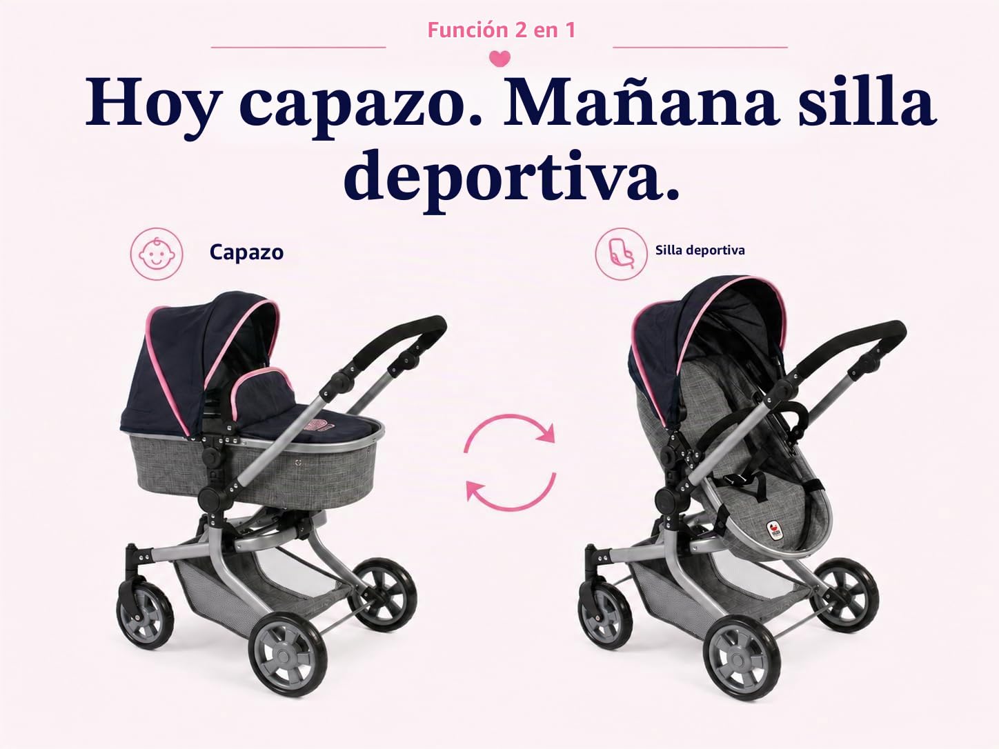 Bayer Chic 2000-59526 - Cochecito de muñecas Mika, 2 en 1 para niños de 4 a 8 años, Color Gris Marino, 47 cm-80 cm