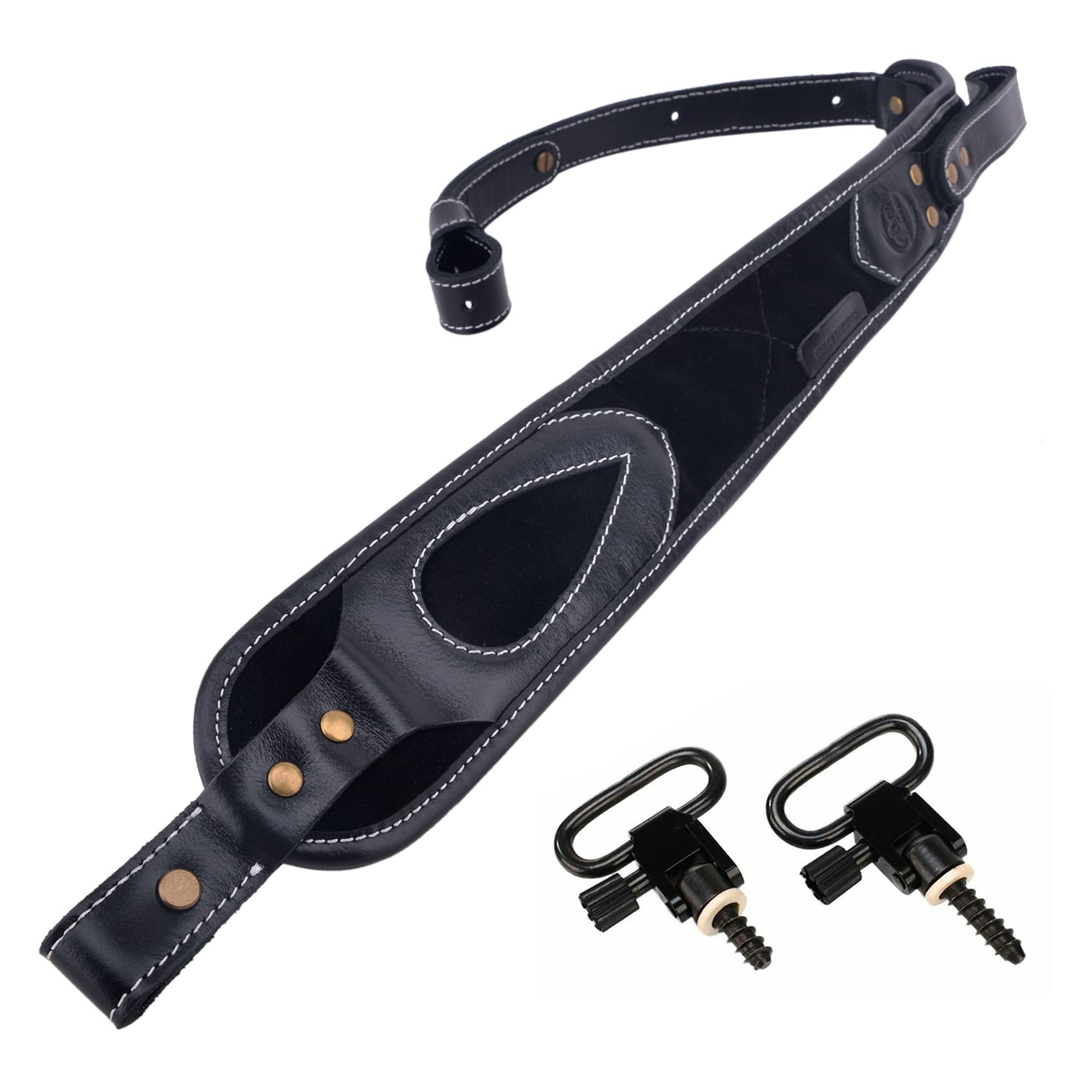 Rifle Sling Buffalo Hide Leather Gun Sling, Comfortable Shoulder Pad Gun Straps, (Black Sling+Swivels)