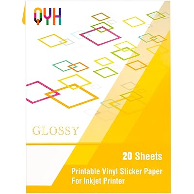 QYH Printable Vinyl Sticker Paper – 20 Sheets Glossy White, Waterproof & Quick Dry, for Inkjet & Laser Printers, Compatible with Cricut, 8.5x11” Labels for DIY