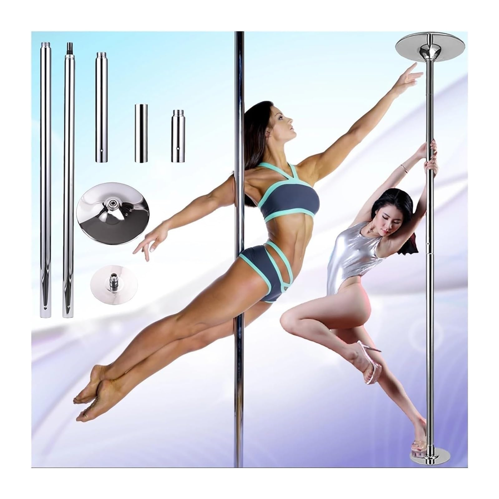 JYBNBBE Pole Dancing Pole for Home 2.24m-3.8m High Static Spinning Pole for Fitness Club Pub Home, Heavy Duty Loads 440lbs,Silver-3.2M
