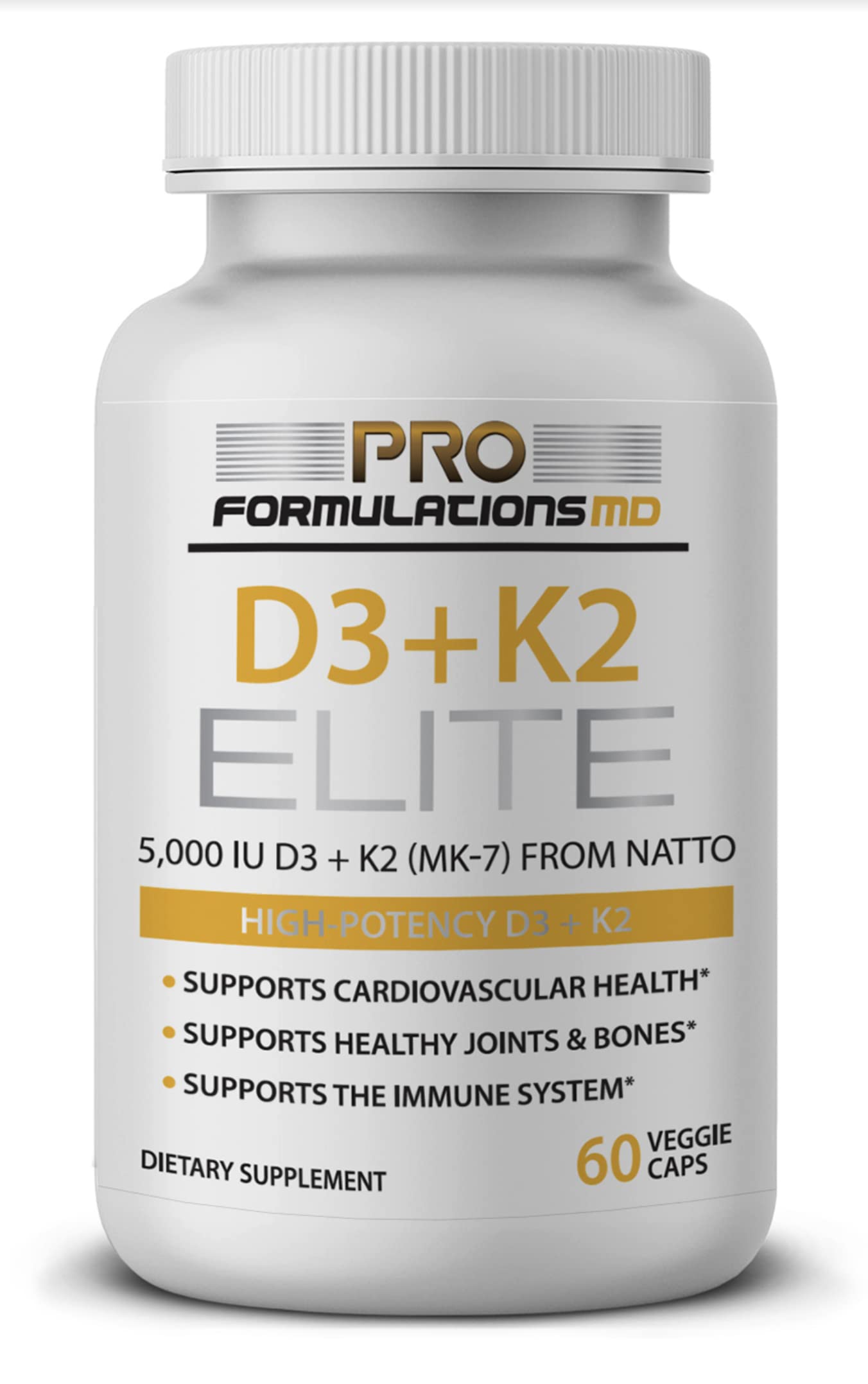 D3 + K2 Elite Vitamin D3 + Vitamin K2 Day Supply High Potency Bioavailable Mk 7 From Japanese Fermented Natto 60
