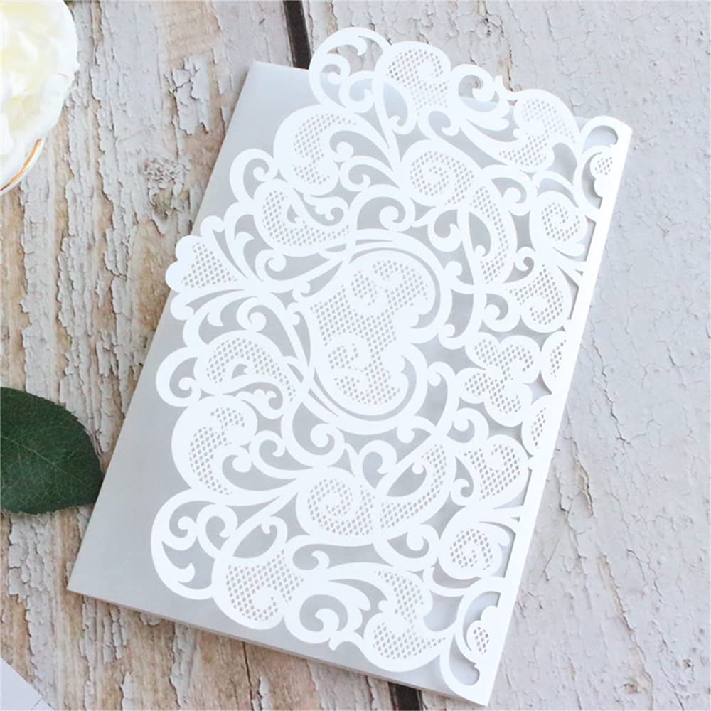 NC 10sets 3D Pop Up Sposa e Sposo Bianco Biglietto di invito di nozze Taglio al Laser Tasca Inviti di fidanzamento Floreale con Busta e Carta Interna (Bianco), 18 x 12,5 cm