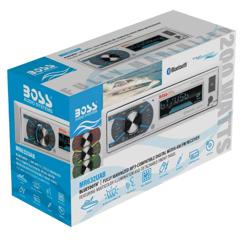 Boss Audio Systems MR632UAB Single DIN Radio Receptor AM/FM AUX USB MP3 Bluetooth Resistente al Agua Blanco 1 Unidad