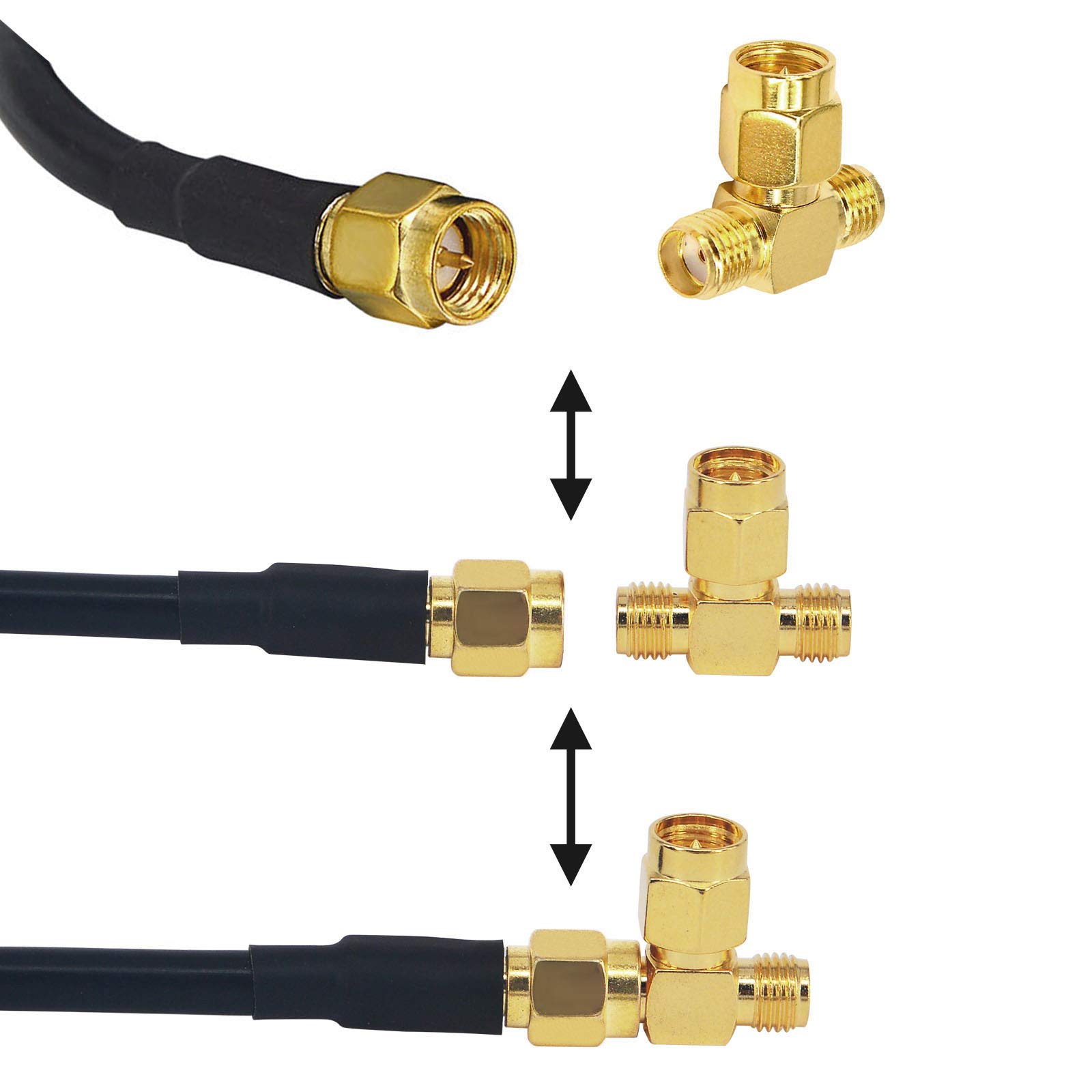 Adaptador SMA Macho a Doble Hembra Conector RF Triple T de 3 Vías para Cable de Extensión de Antena WiFi