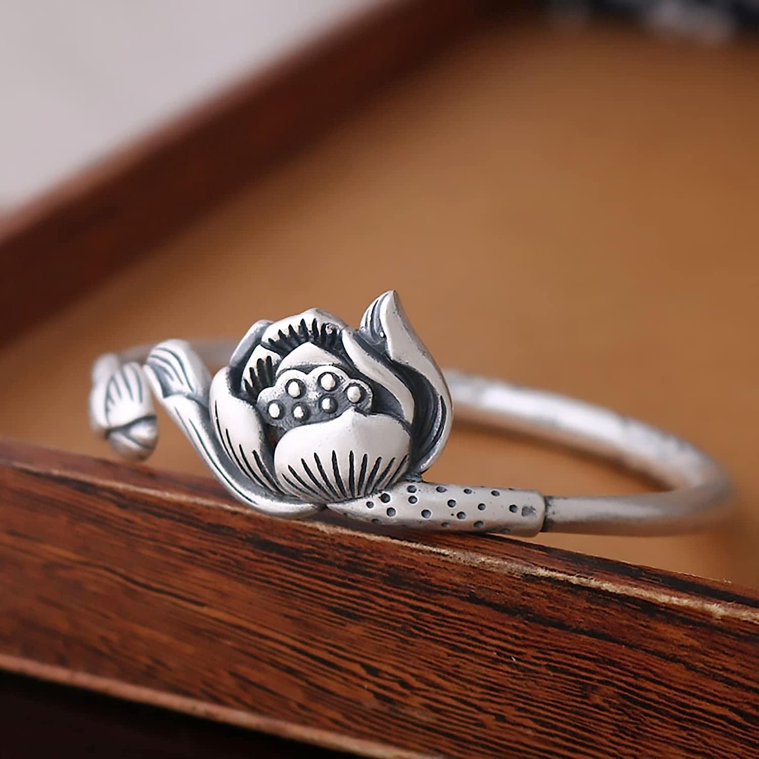catene a catena, regolabili; Bracciale rigido aperto in argento sterling S990 for donna con motivi di loto e orchidea, 42 g