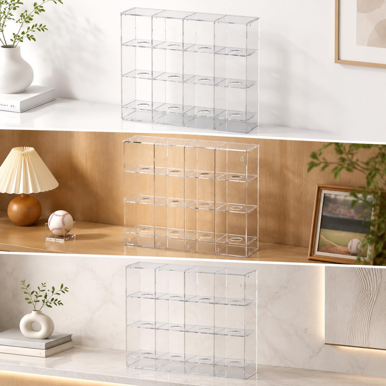 Vitrina Expositora Metacrilato Transparente para Colecciones portivas, Caja Pared Antipolvo para Béisbol , 16 Compartimentos (340x95x365 mm)