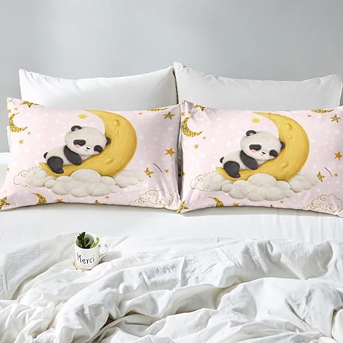 Miniatura 6 de Feelyou Juego de edredón de panda de dibujos animados lindo, juego de ropa de cama con estampado de panda para dormir, luna y estrella, juego de