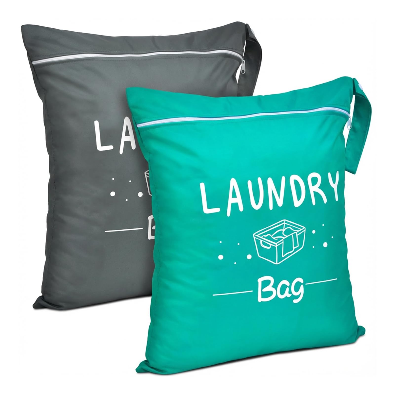 2PCS Travel Laundry Bags, Large Waterproof Dirty Clothes Bags with Handle & Zipper Foldable Dry Wet Bags for Swimming Yoga Bathing Gym Home Travel Holidays (Green+Gray)
