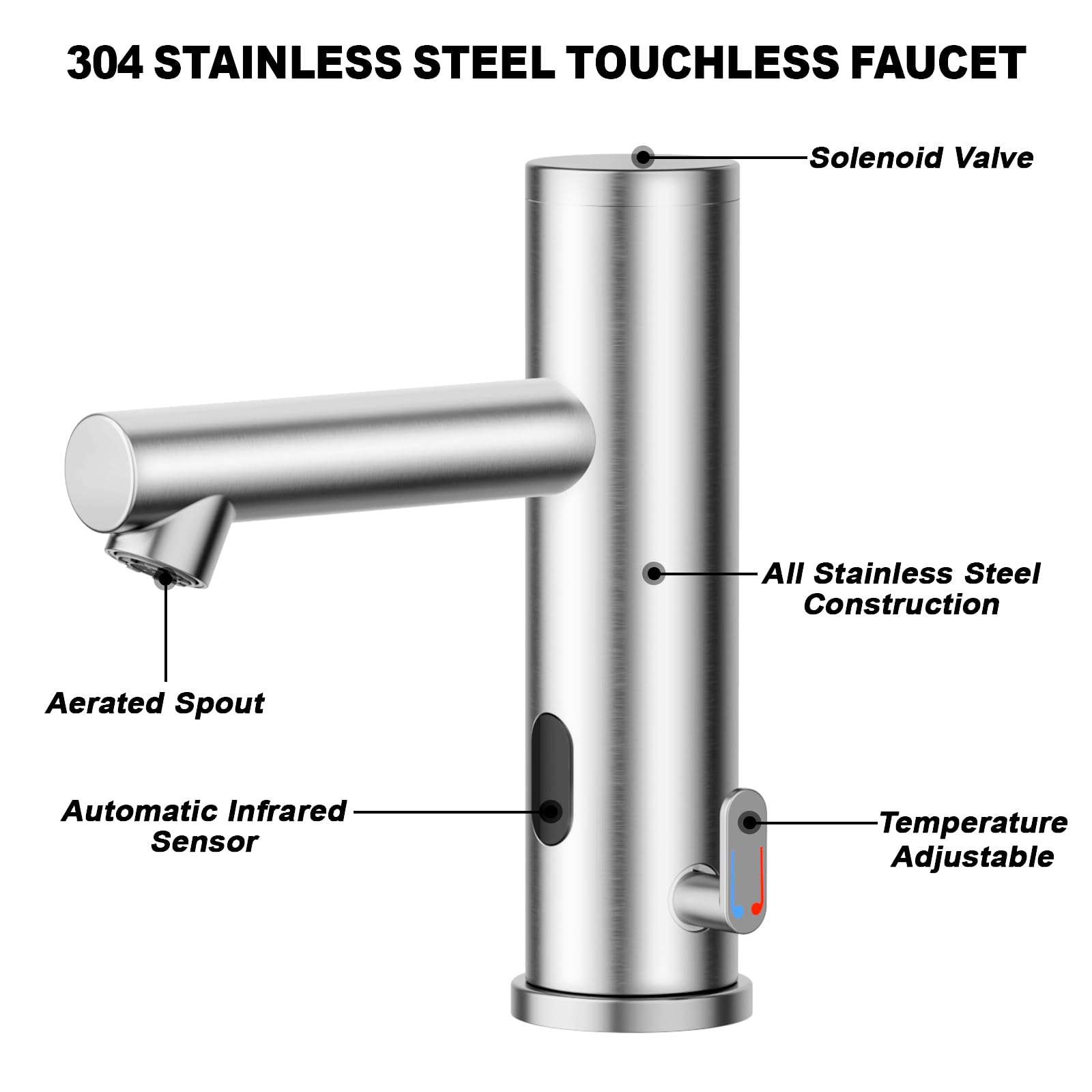 Achelous Rubinetto per lavabo automatico Touchless in acciaio inossidabile, rubinetto per lavabo con sensore a infrarossi a mani libere con controllo della temperatura