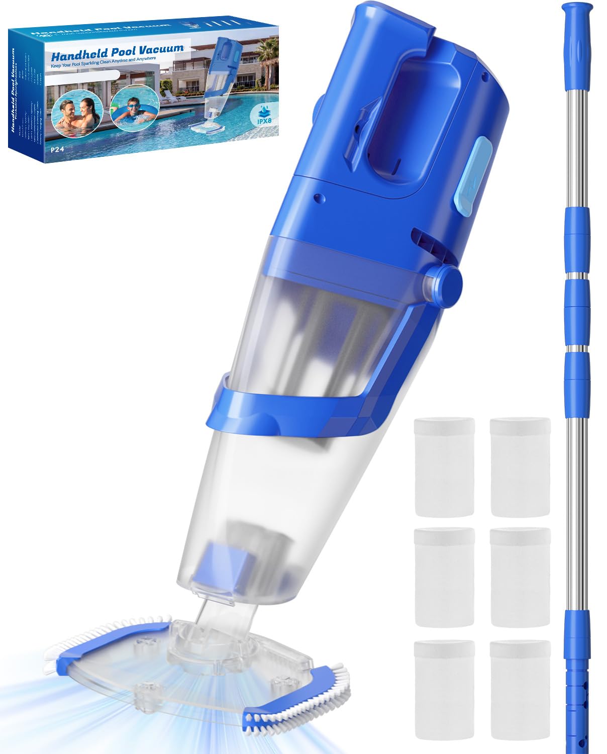 cordless handheld pool vacuum cleaner with telescopic pole, 26.5 gpm powerful suction, longer 1h runtime, portable pool vacuums for above ground/inground pools, hot tubs, spas