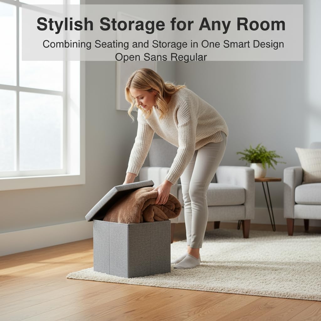 Gray Linen Storage Ottoman, 11.8 Inch Square with Sturdy Engineered Wood Frame and Lid, Hard Folding Footrest, Storage Bench for Multi-Room Use - Image 3