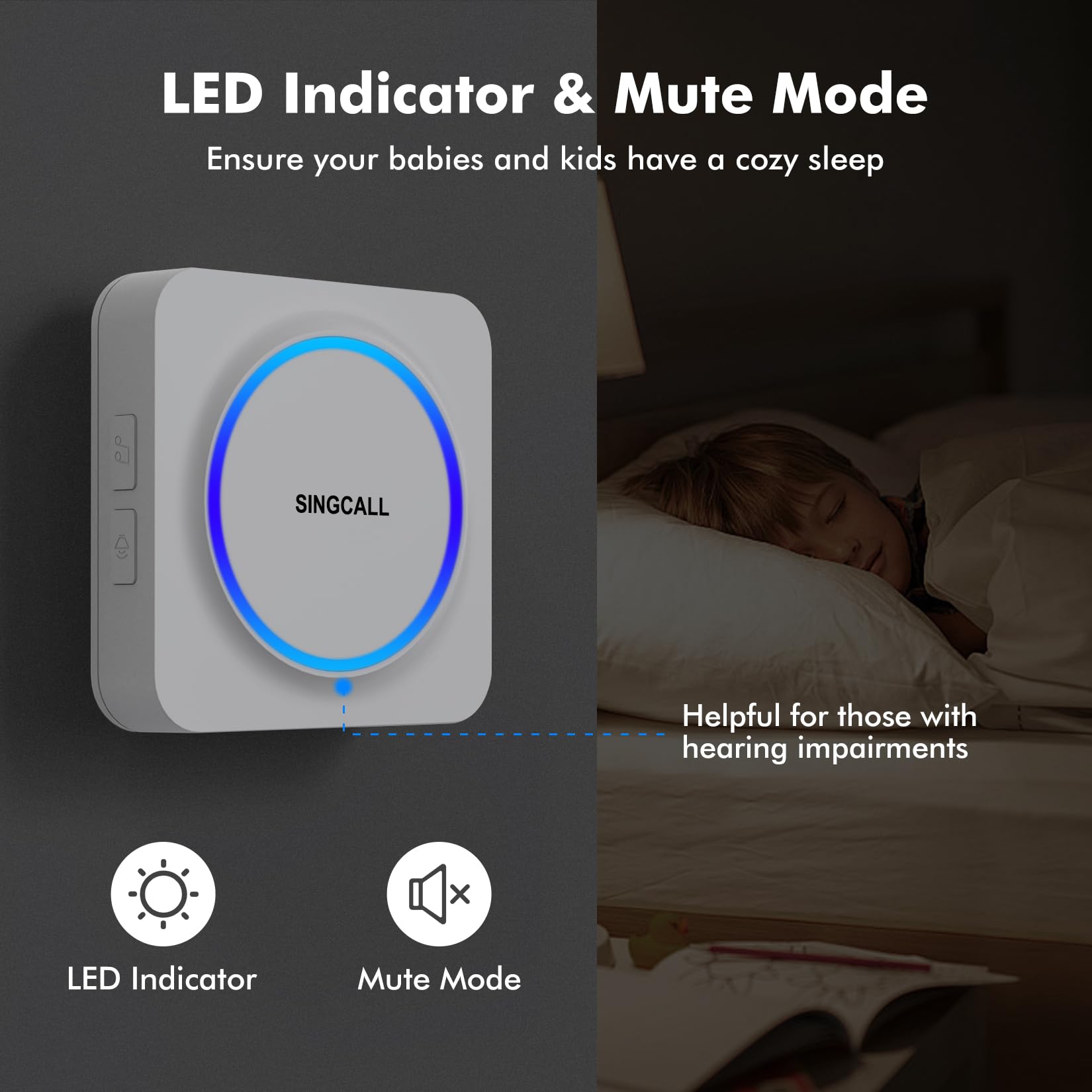 SINGCALL Receptor LED Portátil Recargable Inalámbrico con 32 Tonos, Volumen Ajustable 0-100dB & Memoria, para Hogar/Garaje/Apartamento/Residencias de Mayores/Hospitales,1 Receptor LED Portátil