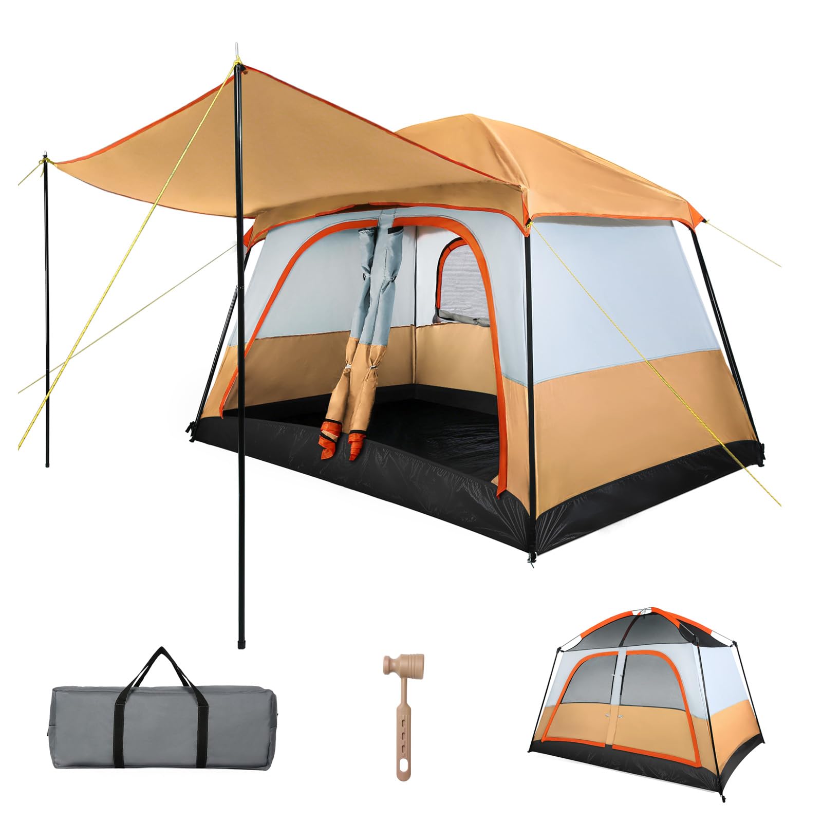 Treeboy Familienzelt 4 Personen PU3000mm Wasserdicht Glamping Zelt Hauszelt Quick-up Große inkl. abnehmbarem Dach & Tragetasche, Verdunkelungszelt mit Veranda für Camping Outdoor Reise Trekking