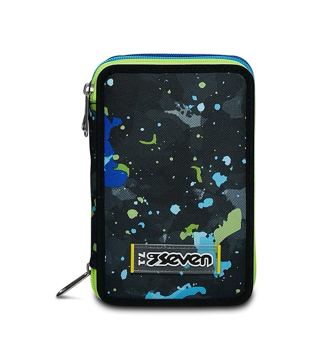 Seven Astuccio 3 Zip, STRING BOY, Attrezzato con Matite, Pennarelli Ecc. - Blu - Scuola & Tempo Libero